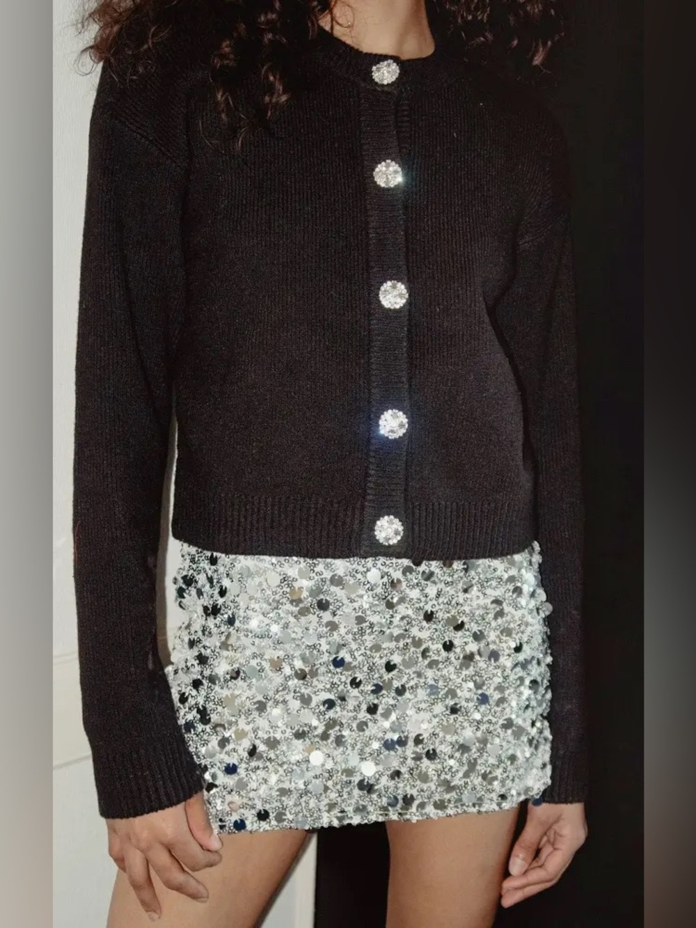 SHOW ME YOUR MUMU Rhinestone Button Black Knit Maggie Cardigan Sweater XS NWT - Picture 2 of 6